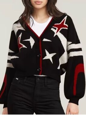 G-Star Holiday Black Star-Print V-Neck Cardigan Sweater